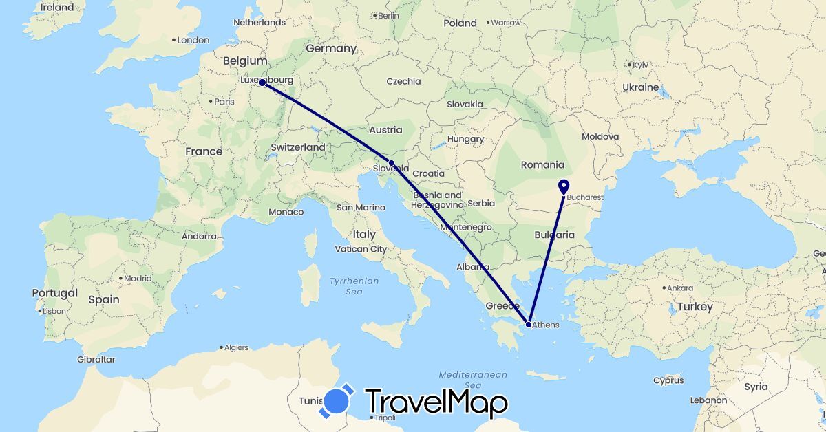 TravelMap itinerary: driving in Belgium, Greece, Romania, Slovenia (Europe)